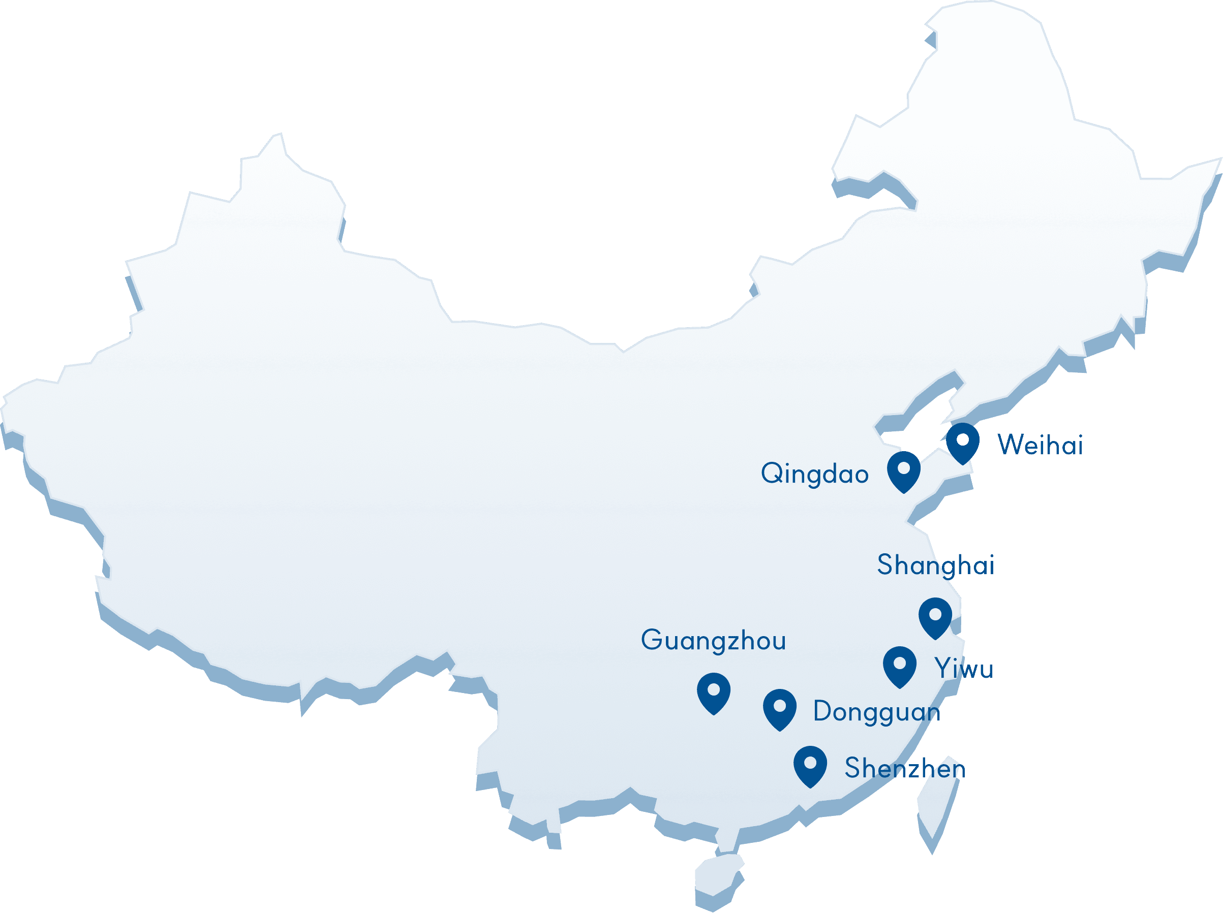 China map showing major cities: Shanghai, Shenzhen, Guangzhou, Dongguan, Yiwu, Qingdao, Weihai
